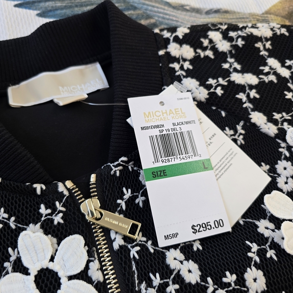 NWT Michael Michael Kors Floral Bomber Jacket Black White Size L $295 MSRP - Picture 3 of 7